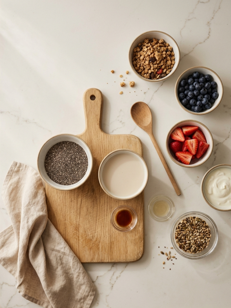 Ingredients for chia pudding with examples of toppings