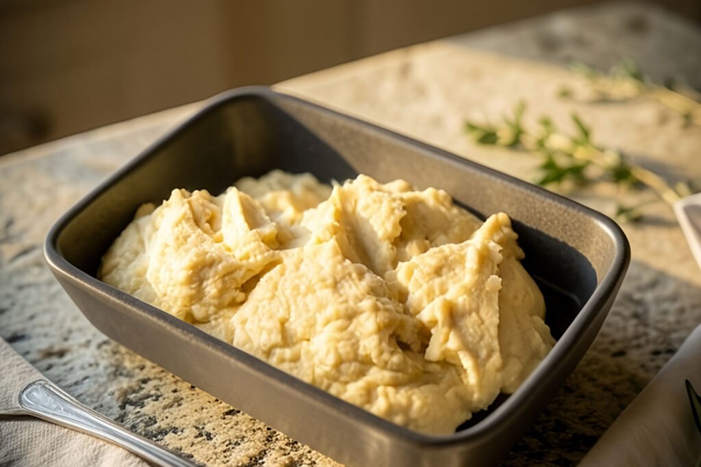 Creamy cauliflower mash in a rectangular dish with herbs and spoon on the bench