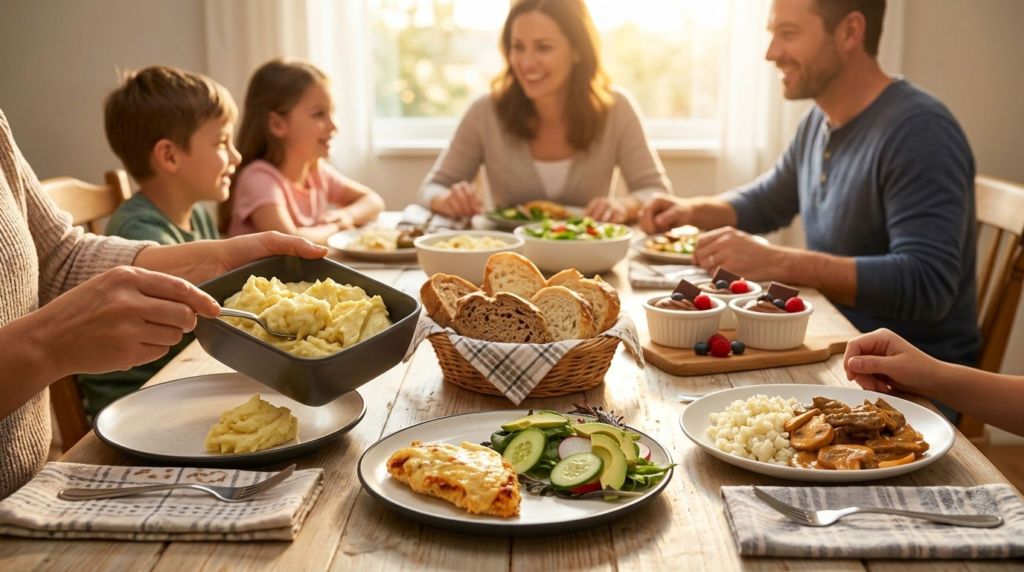 Family enjoying flexible family cooking with plates customised with different proteins, surrounded by cauliflower mash, bread, salad, and other dishes in the middle of the table.