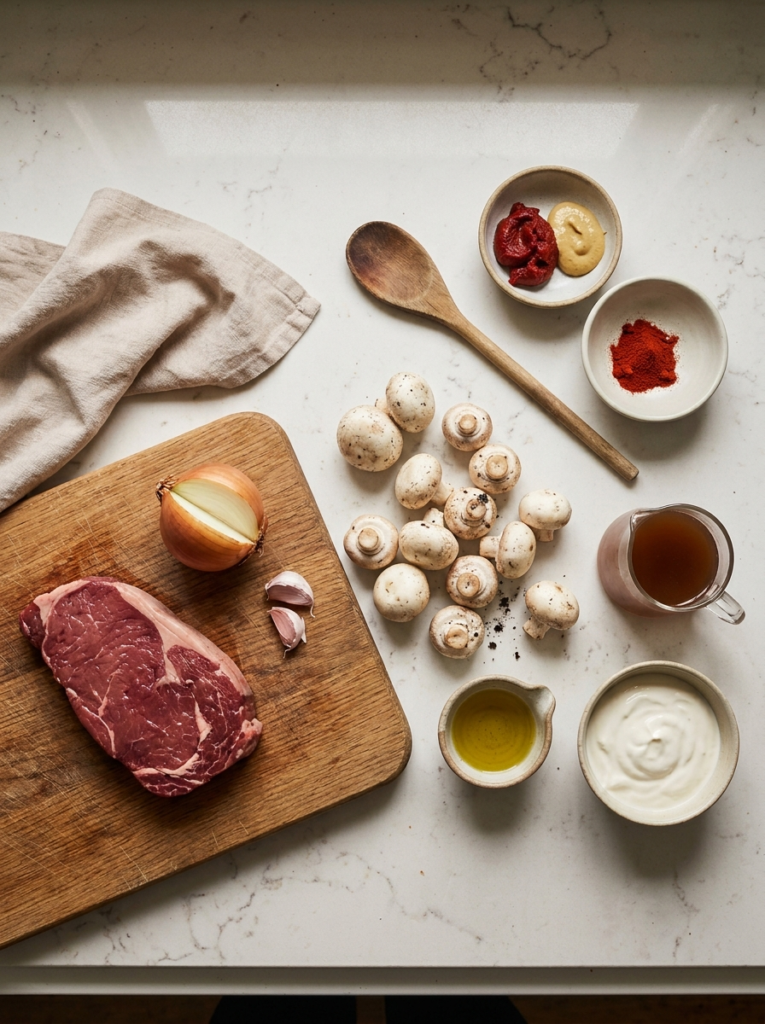 Ingredients for beef stroganoff recipe