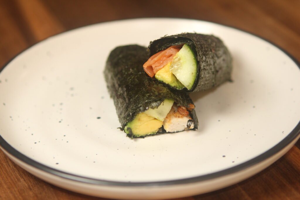 Cheats sushi with smoked salmon and chicken