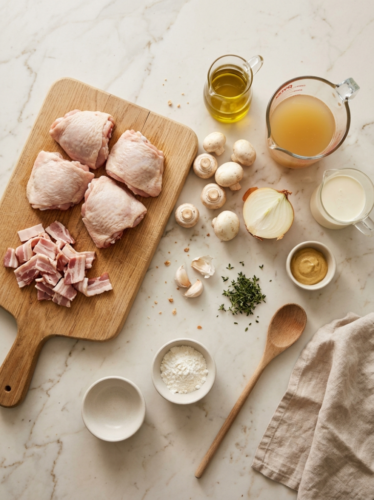 Ingredients for chicken bacon and mushroom casserole