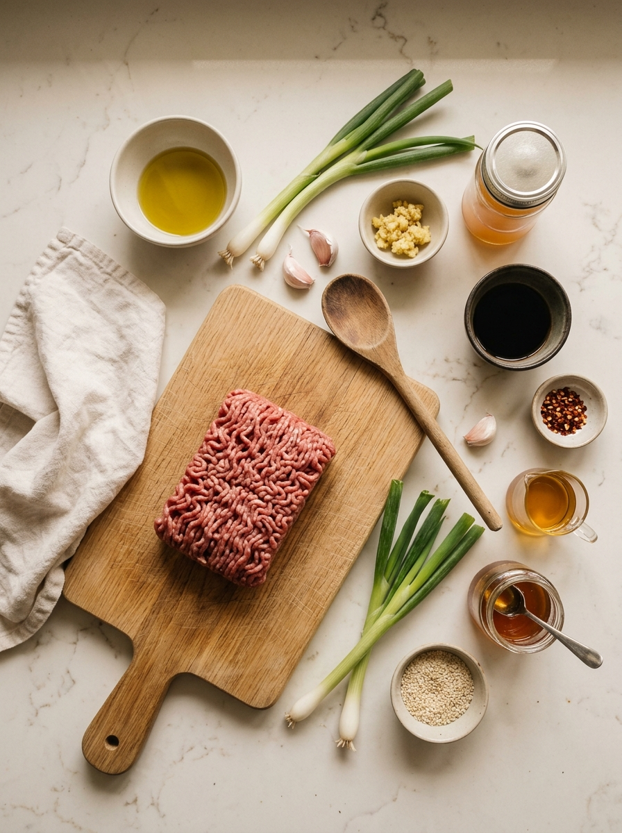 Ingredients for Korean Beef Bowl recipe laid out on bench