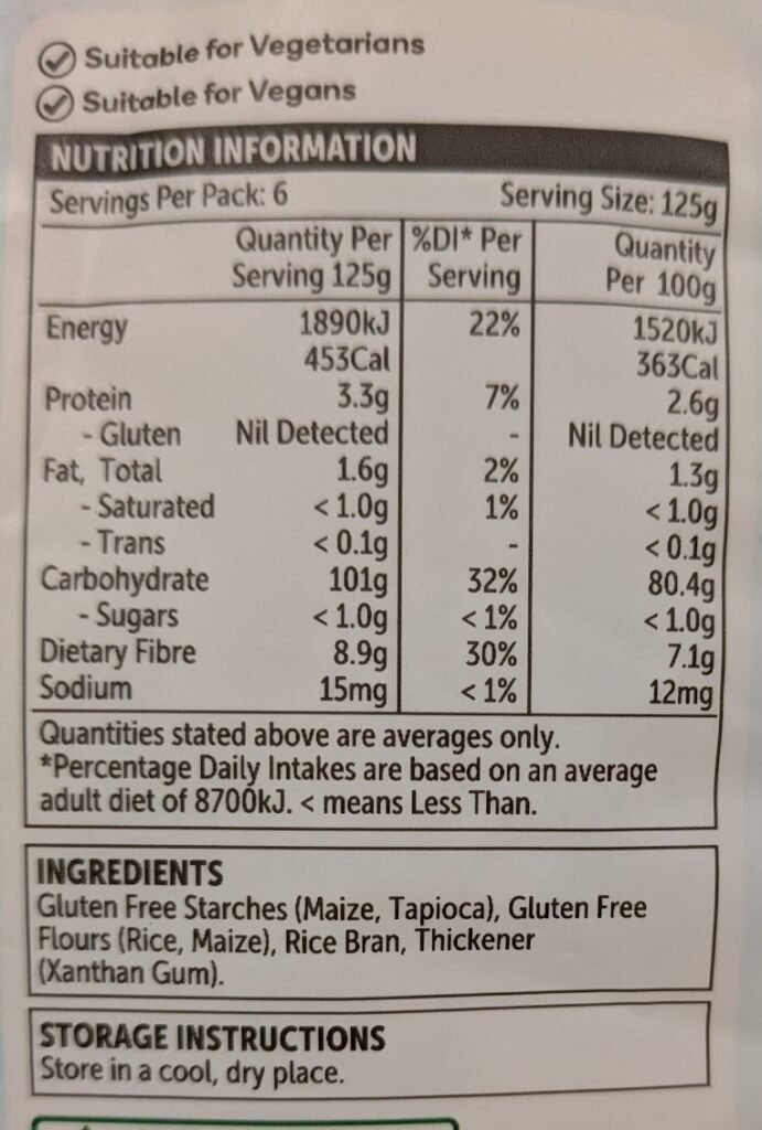 gluten free flour ingredient label Australia