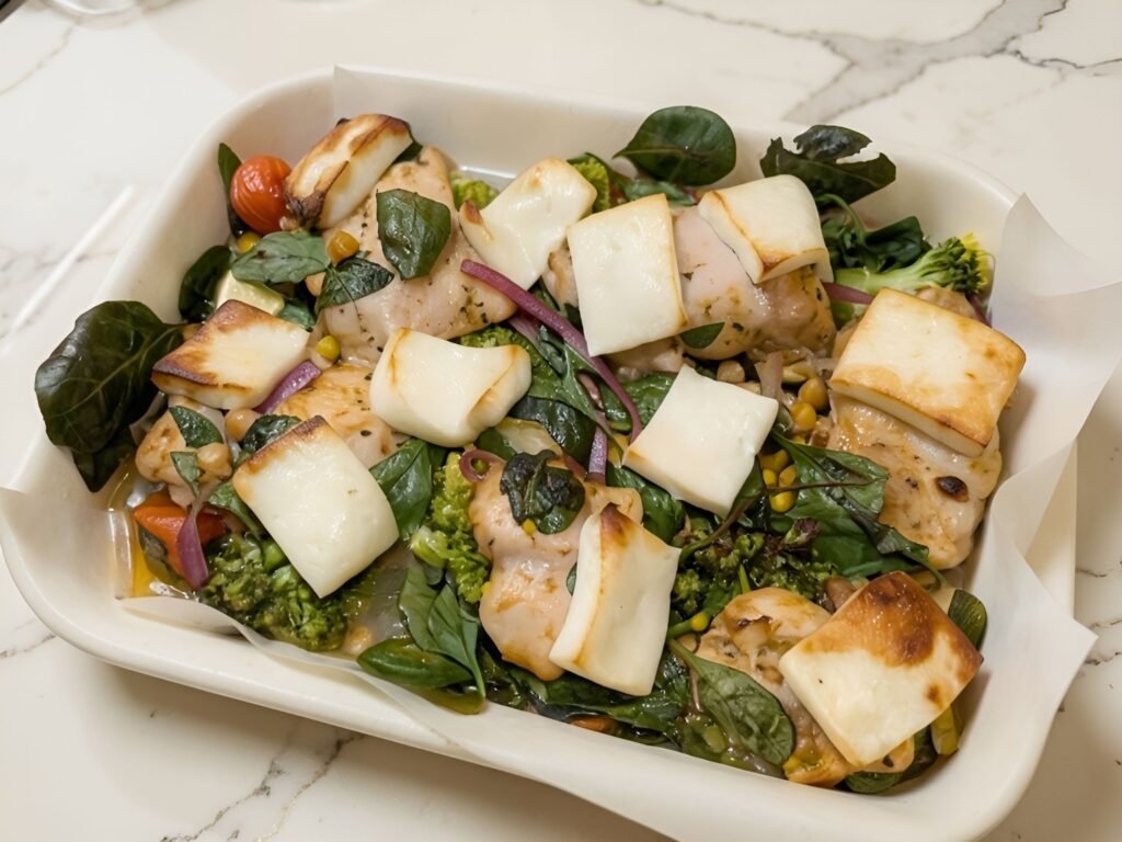 Mediterranean chicken and haloumi tray bake in baking dish