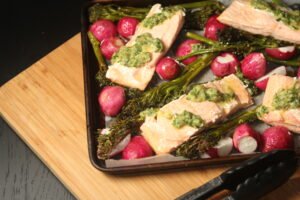 salmon tray bake with salsa verde healthy family dinner