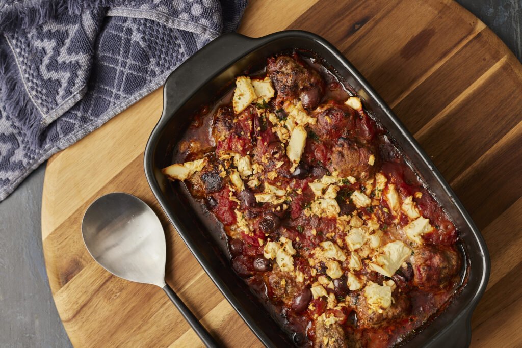 greek meatball tray bake with roasted vegetables