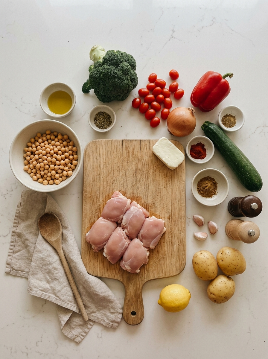 Mediterranean Chicken, Chickpea and Haloumi Tray Bake