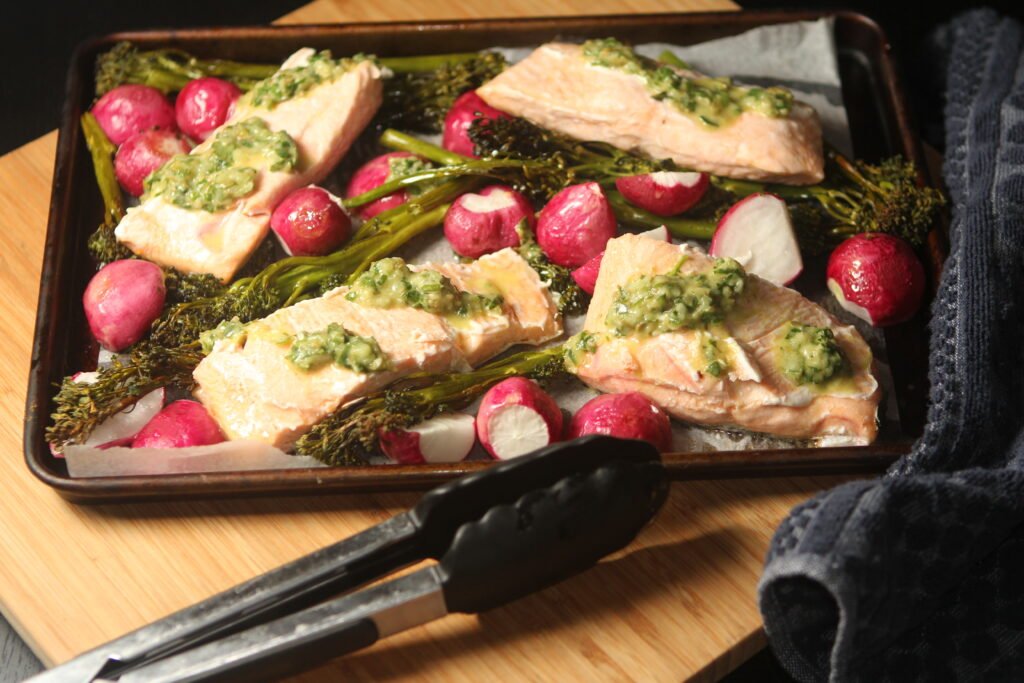 salmon tray bake with roasted vegetables for family dinner
