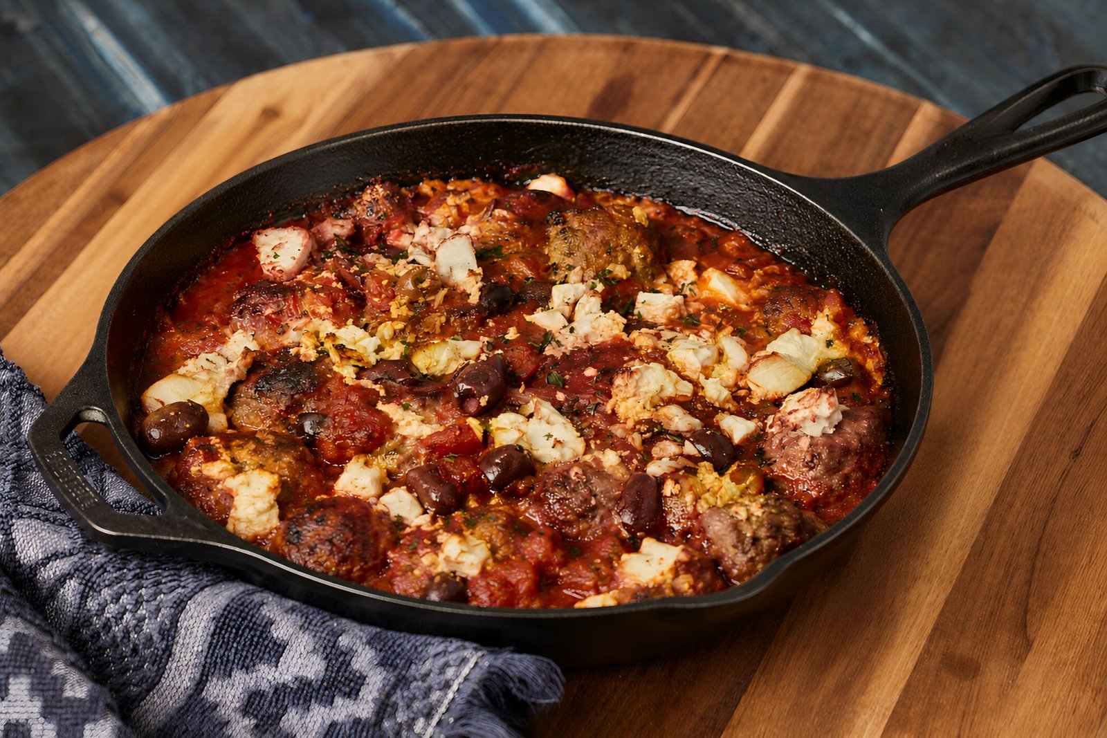 Greek meatball bake with feta and olives