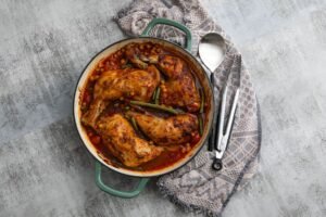 Chicken and chickpea bake with green beans and tomato sauce