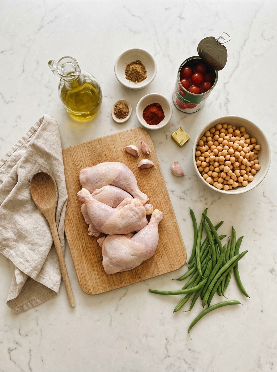 Chicken and chickpea bake ingredients flat lay with chicken marylands, chickpeas, cherry tomatoes, green beans, garlic and spices