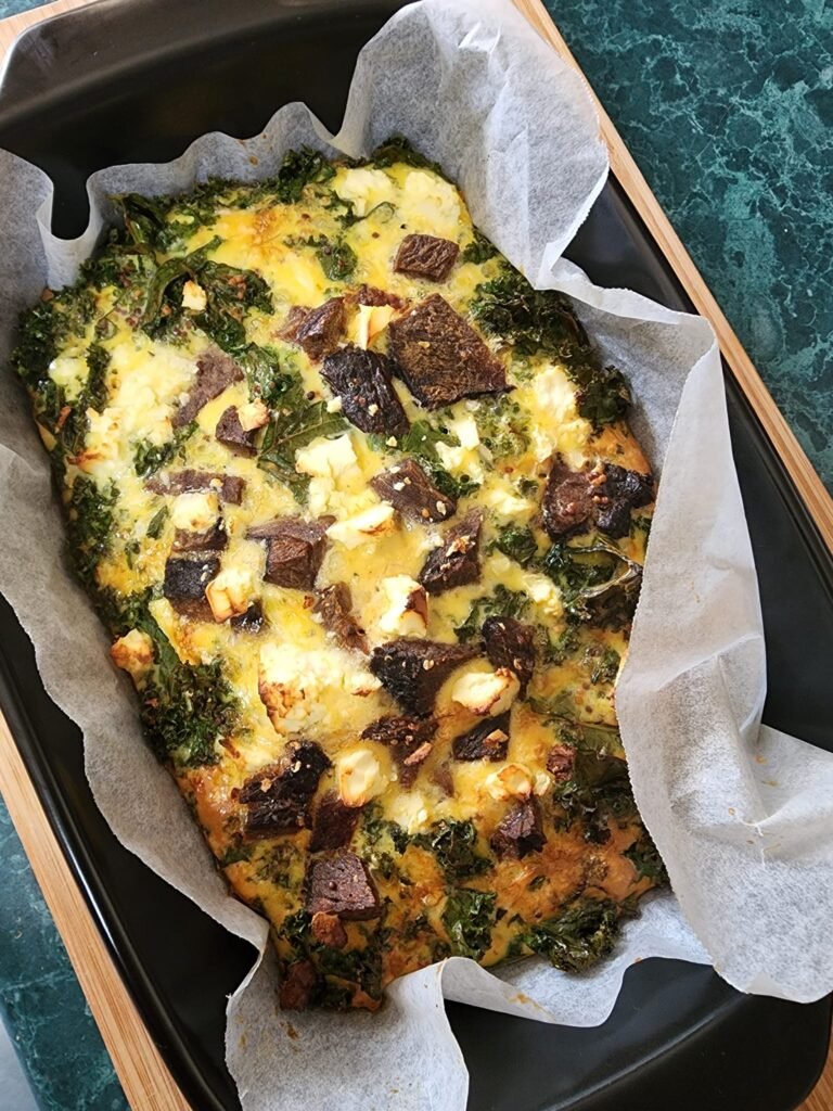 frittata made with leftover roast beef, kale and feta