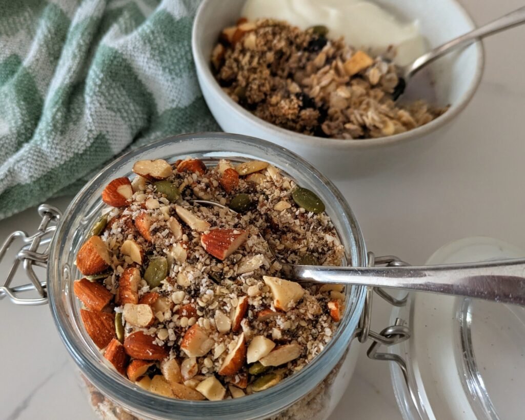 Homemade protein and fibre booster in a jar with porridge