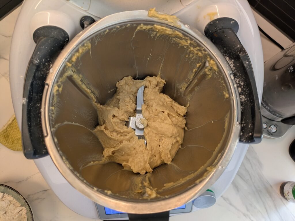 blended chickpeas tahini and maple syrup for cookie dough
