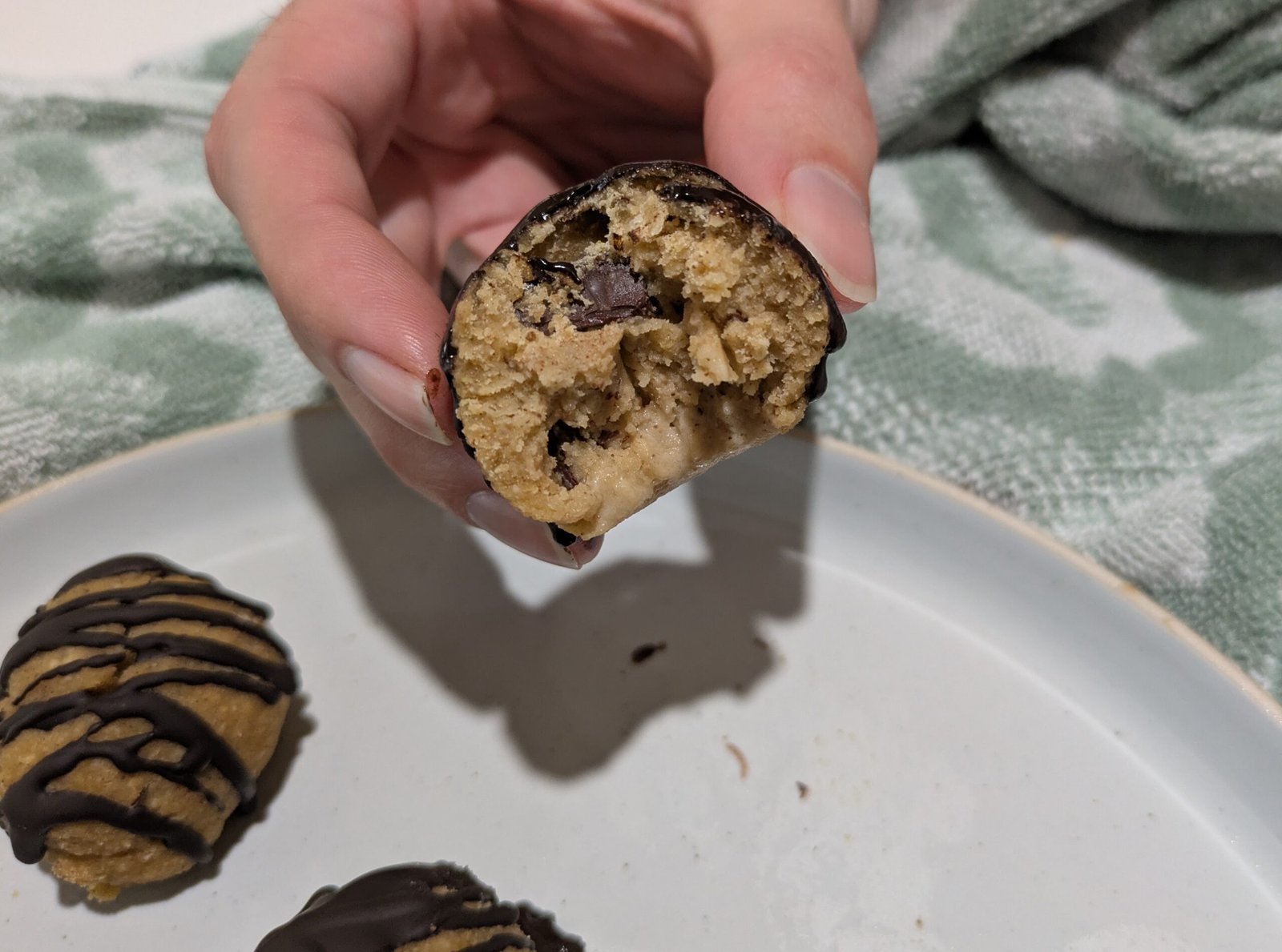 chickpea cookie dough bite showing soft cookie dough centre