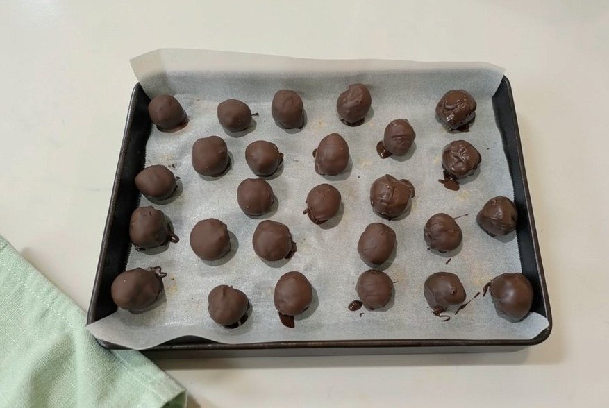 chickpea cookie dough bites coated in dark chocolate