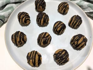 chickpea cookie dough bites with dark chocolate drizzle